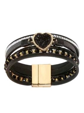 Black Leather Multi Layer Heart Druzy Crystal Beaded Magnetic Bracelet